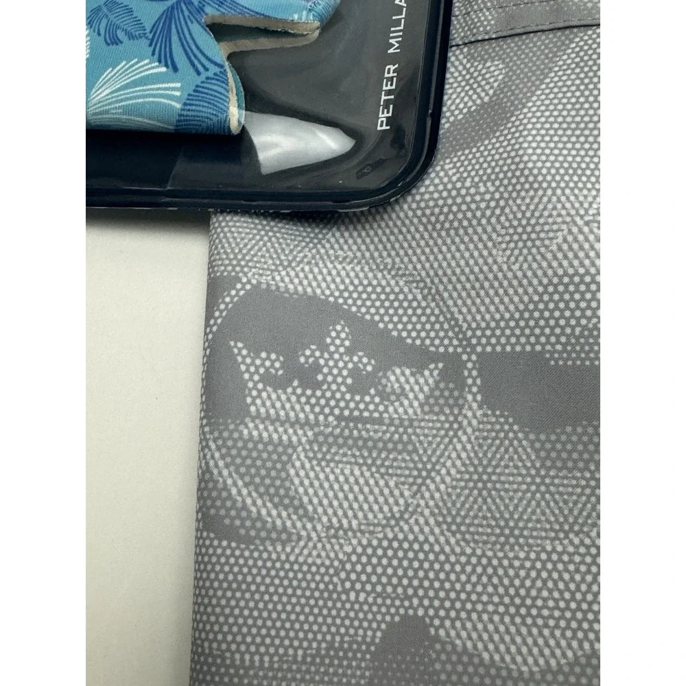 NWT Peter Millar Seaside Gray Camo & Logo Print Swim Trunks W/Koozie SMALL‎ $100